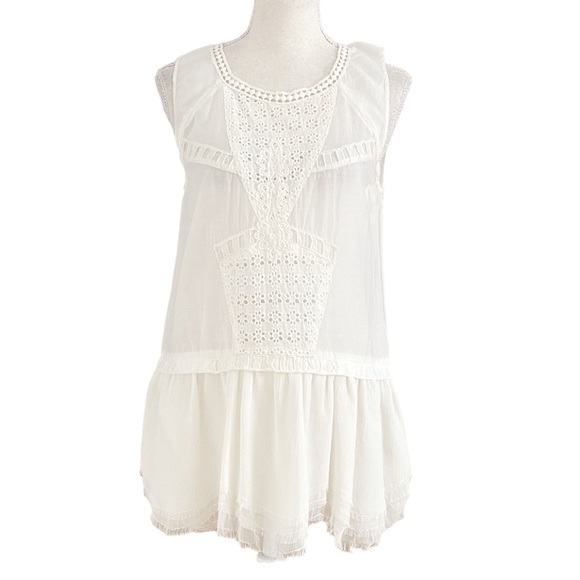 FREE PEOPLE WHITE SLEEVELESS EMBROIDERED EYELET CHIFFON PANEL TUNIC TANK TOP - S - Picture 1 of 9